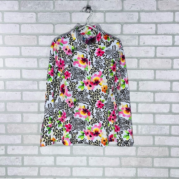 IBKUL Flower Zebra Leopard Print Long Sleeve Quarter Zip Top Size XXL - Picture 4 of 9